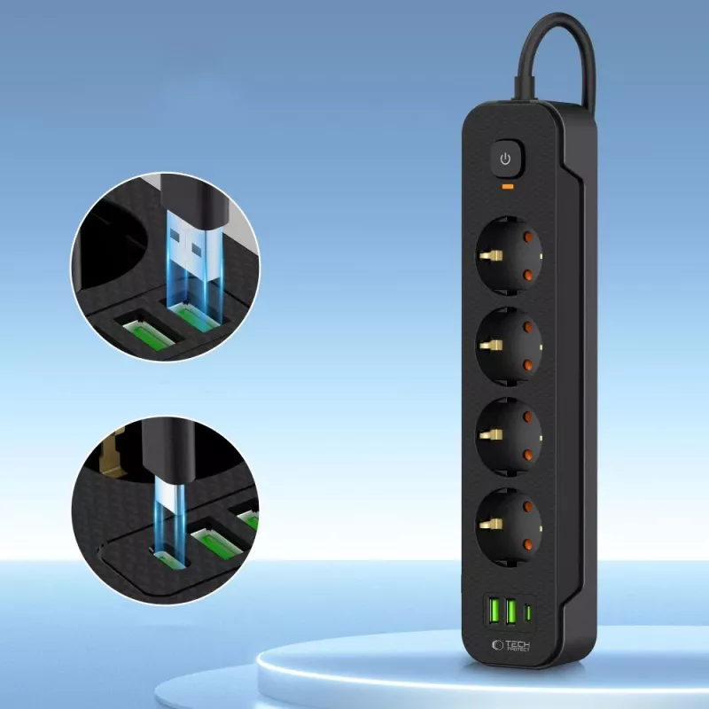 TECH-PROTECT PCL4X3 predlžovacia zásuvka dlhá 2 USB & 1 Type-C & 4 zásuvky 200cm čierna