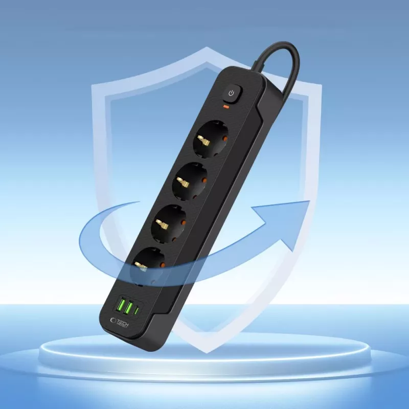 TECH-PROTECT PCL4X3 predlžovacia zásuvka dlhá 2 USB & 1 Type-C & 4 zásuvky 200cm čierna