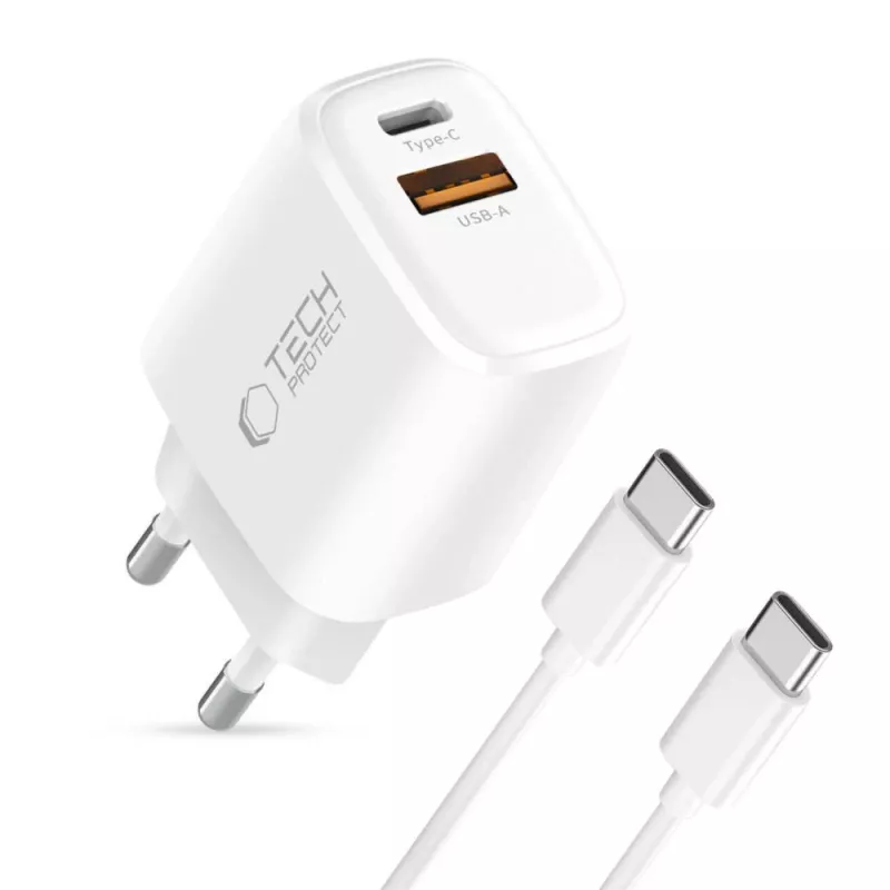 TECH-PROTECT NCA30 2-portová sieťová nabíjačka PD 30W / QC3.0 + USB-C kábel biela