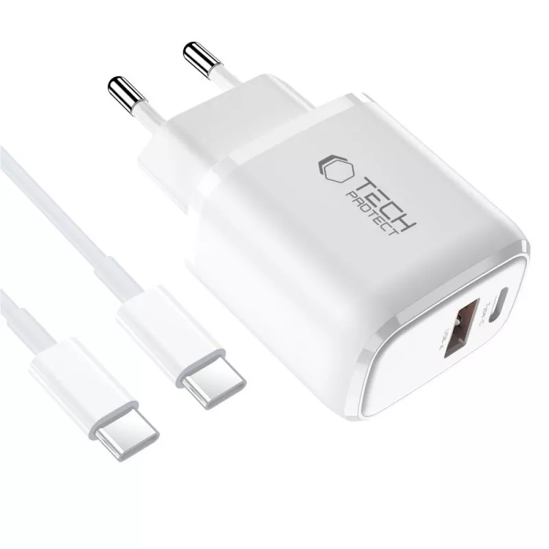 TECH-PROTECT NCA30 2-portová sieťová nabíjačka PD 30W / QC3.0 + USB-C kábel biela