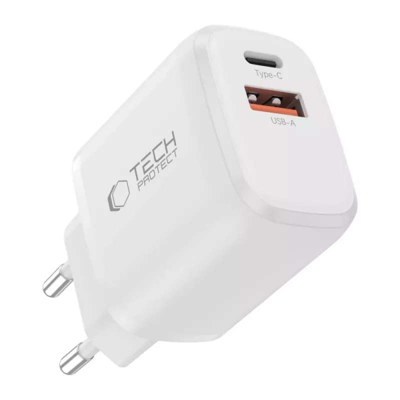 TECH-PROTECT NCA30 2-portová sieťová nabíjačka PD 30W / QC3.0 + USB-C kábel biela