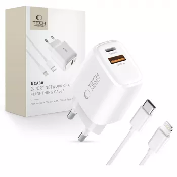 TECH-PROTECT NCA30 2-portová sieťová nabíjačka PD 30W / QC3.0 + Lightning kábel biela