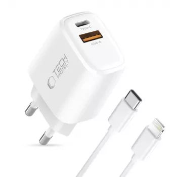TECH-PROTECT NCA30 2-portová sieťová nabíjačka PD 30W / QC3.0 + Lightning kábel biela