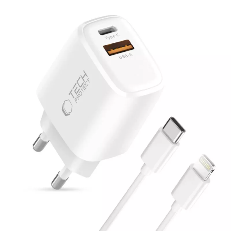 TECH-PROTECT NCA30 2-portová sieťová nabíjačka PD 30W / QC3.0 + Lightning kábel biela