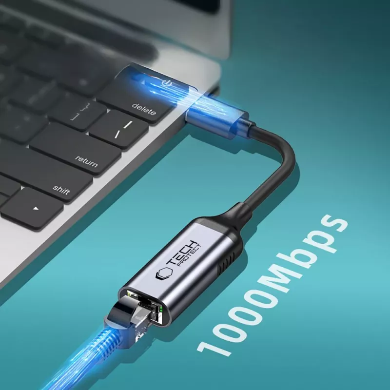 TECH-PROTECT ULTRABOOST adaptér USB-C na Ethernet RJ45 1000 Mbps čierny