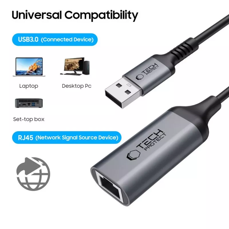 TECH-PROTECT ULTRABOOST adaptér USB 3.0 na Ethernet RJ45 1000Mbps čierny
