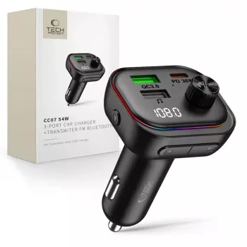 TECH-PROTECT CC07 3-portová auto-nabíjačka PD 54W + FM-transmitter Bluetooth čierna