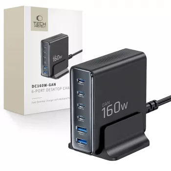 TECH-PROTECT DC160W-GAN 6-portová stolová nabíjačka PD 160W / QC3.0 čierna