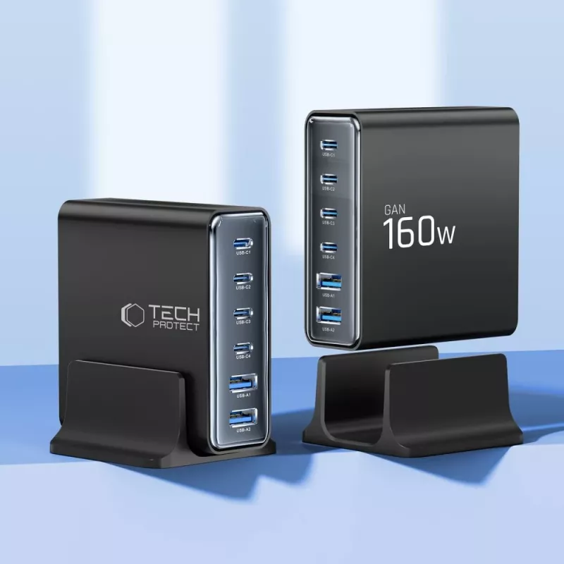 TECH-PROTECT DC160W-GAN 6-portová stolová nabíjačka PD 160W / QC3.0 čierna