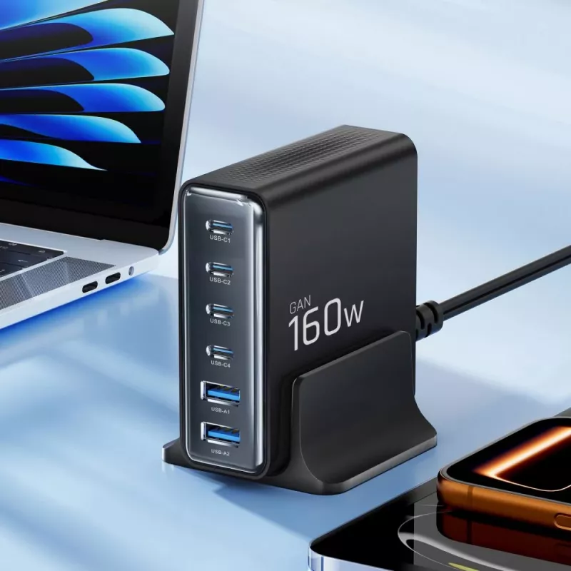 TECH-PROTECT DC160W-GAN 6-portová stolová nabíjačka PD 160W / QC3.0 čierna