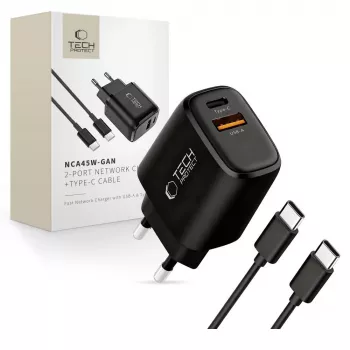 TECH-PROTECT NCA45W-GAN 2-portová sieťová nabíjačka PD 45W / QC3.0 + USB-C kábel čierna