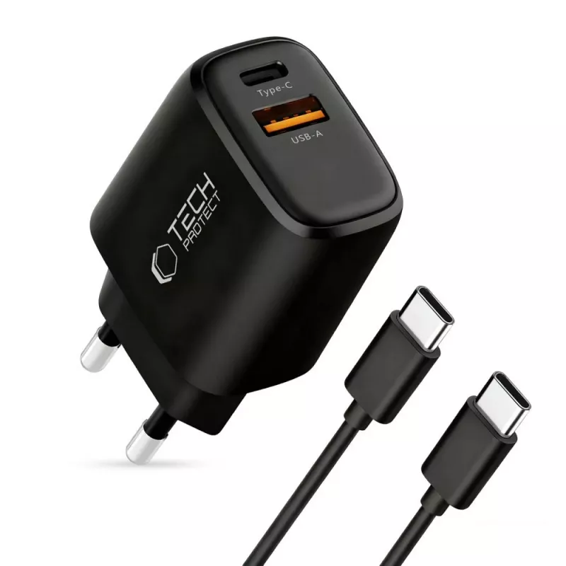 TECH-PROTECT NCA45W-GAN 2-portová sieťová nabíjačka PD 45W / QC3.0 + USB-C kábel čierna