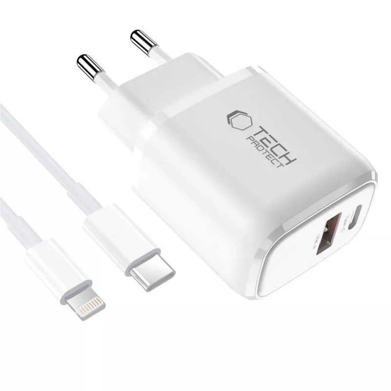 TECH-PROTECT NCA45W-GAN 2-portová sieťová nabíjačka PD 45W / QC3.0 + Lightning kábel biela