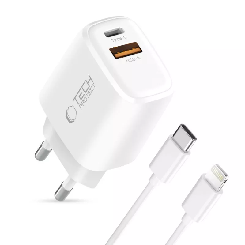TECH-PROTECT NCA45W-GAN 2-portová sieťová nabíjačka PD 45W / QC3.0 + Lightning kábel biela