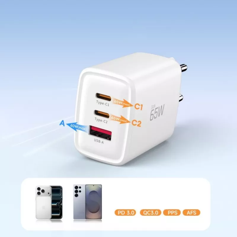TECH-PROTECT NCA65W-GAN 3-portová sieťová nabíjačka PD 65W / QC3.0 biela