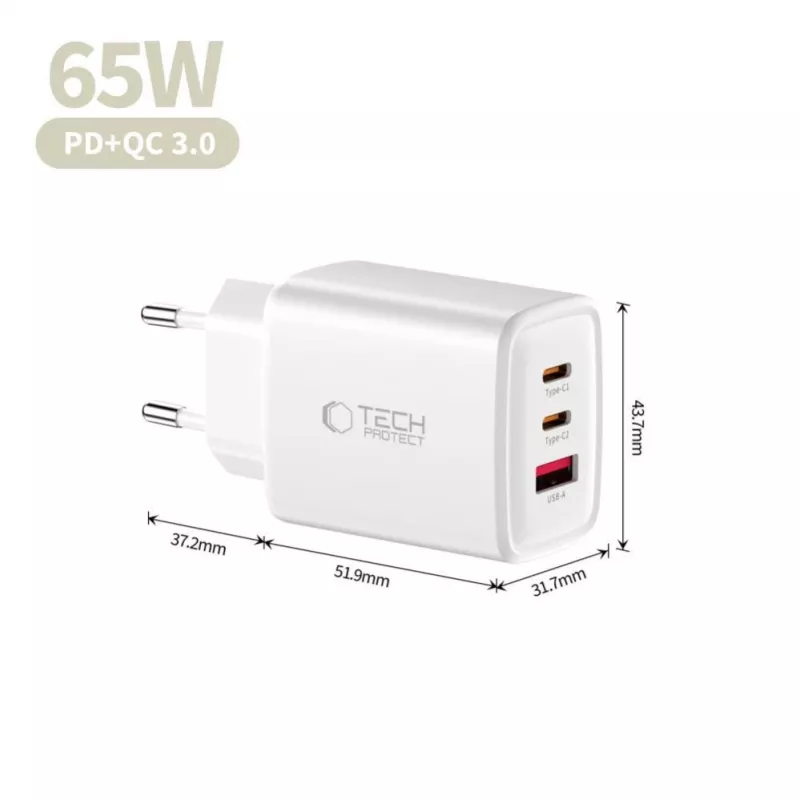 TECH-PROTECT NCA65W-GAN 3-portová sieťová nabíjačka PD 65W / QC3.0 biela