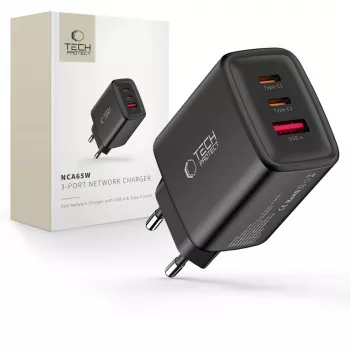 TECH-PROTECT NCA65W-GAN 3-portová sieťová nabíjačka PD 65W / QC3.0 čierna