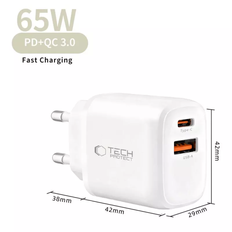 TECH-PROTECT NCA65W-GAN 2-portová sieťová nabíjačka PD 65W / QC3.0 biela