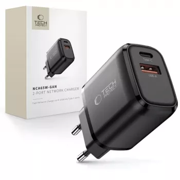 TECH-PROTECT NCA65W-GAN 2-portová sieťová nabíjačka PD 65W / QC3.0 čierna