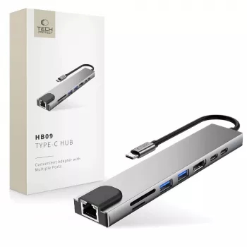 TECH-PROTECT HB09 hub adaptér 8-in-1 USB-C na USB-A 3.0, USB-C 3.0, HDMI 4K 60Hz, SD/TF, PD 100W, RJ45 Gigabit Ethernet, Space Grey