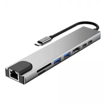 TECH-PROTECT HB09 hub adaptér 8-in-1 USB-C na USB-A 3.0, USB-C 3.0, HDMI 4K 60Hz, SD/TF, PD 100W, RJ45 Gigabit Ethernet, Space Grey