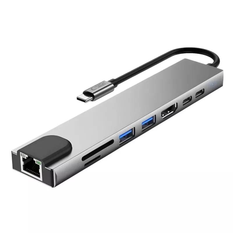 TECH-PROTECT HB09 hub adaptér 8-in-1 USB-C na USB-A 3.0, USB-C 3.0, HDMI 4K 60Hz, SD/TF, PD 100W, RJ45 Gigabit Ethernet, Space Grey