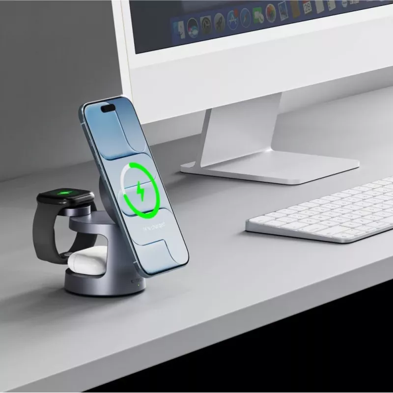 TECH-PROTECT A48 3-in-1 magnetická MagSafe bezdrôtová nabíjačka 25W Qi2.2 tmavosivá