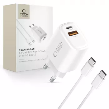 TECH-PROTECT NCA45W-GAN 2-portová sieťová nabíjačka PD 45W / QC3.0 + USB-C kábel biela