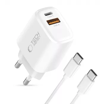 TECH-PROTECT NCA45W-GAN 2-portová sieťová nabíjačka PD 45W / QC3.0 + USB-C kábel biela
