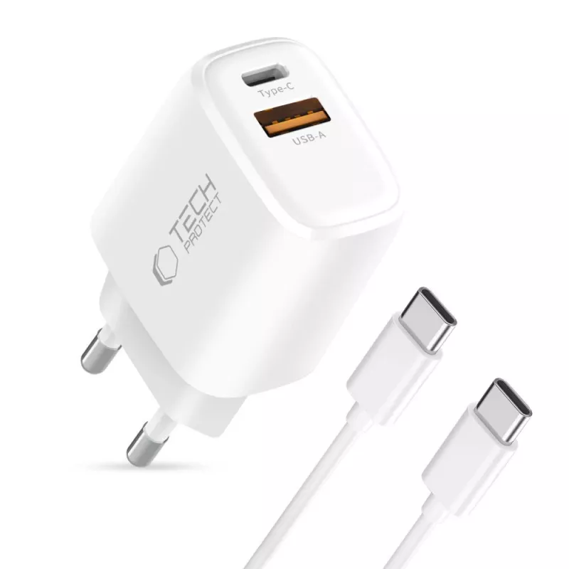 TECH-PROTECT NCA45W-GAN 2-portová sieťová nabíjačka PD 45W / QC3.0 + USB-C kábel biela