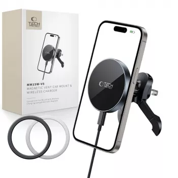TECH-PROTECT MM15W-V5 magnetický MagSafe stabilný držiak do auta do vetracej mriežky s bezdrôtovou nabíjačkou 15W čierny/čierny