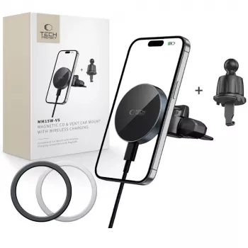 TECH-PROTECT MM15W-V5 magnetický MagSafe držiak do auta do CD a do vetracej mriežky, bezdrôtová nabíjačka 15W čierna