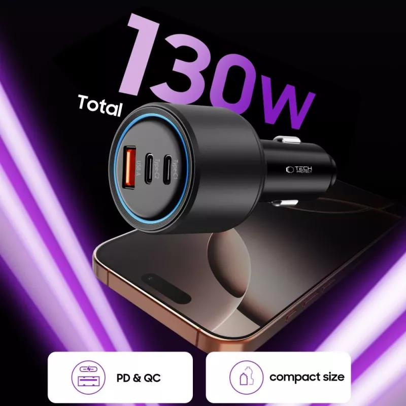 TECH-PROTECT CC04 3-portová autonabíjačka PD 130W čierna