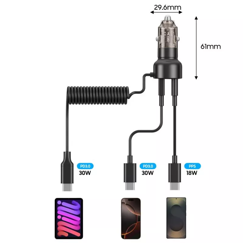 TECH-PROTECT CC05 2-portová autonabíjačka PD 60W + kábel čierna