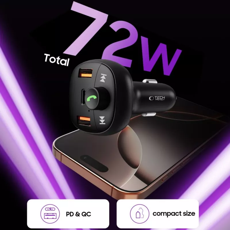 TECH-PROTECT CC06 3-portová autonabíjačka PD 72W + FM vysielač Bluetooth čierna