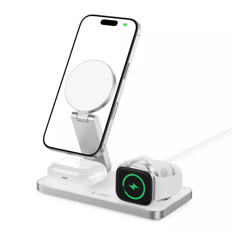 TECH-PROTECT QI15W-A47 3v1 magnetická MagSafe bezdrôtová nabíjačka biela
