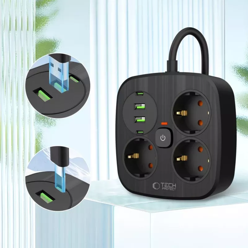 TECH-PROTECT PCS3X4 predlžovacia zásuvka 2 USB & 2 Type-C & 3 zásuvky 200cm čierna