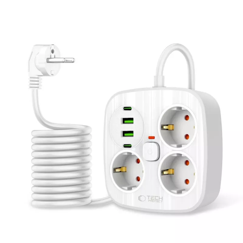 TECH-PROTECT PCS3X4 predlžovacia zásuvka 2 USB & 2 Type-C & 3 zásuvky 200cm biela