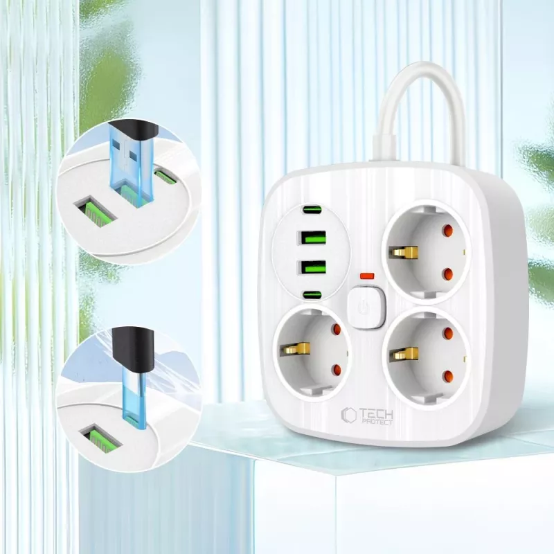 TECH-PROTECT PCS3X4 predlžovacia zásuvka 2 USB & 2 Type-C & 3 zásuvky 200cm biela