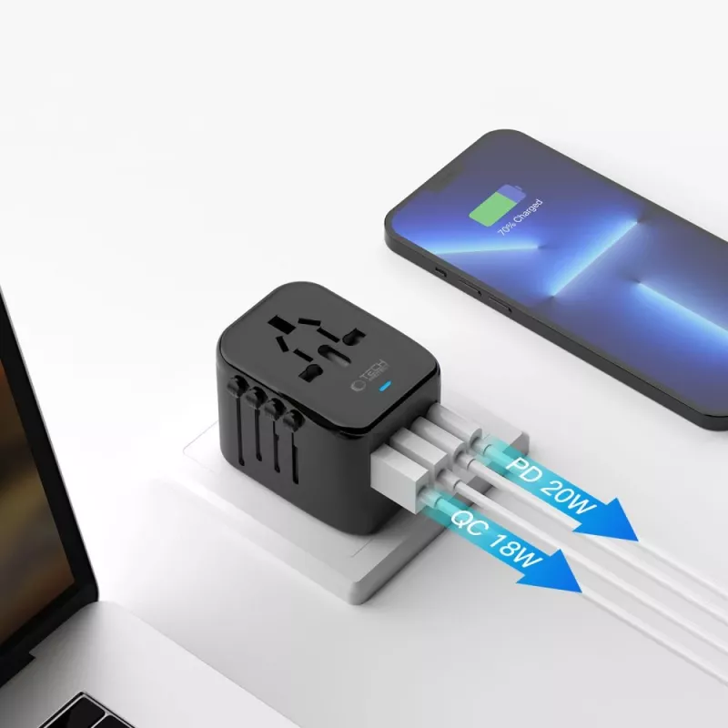 TECH-PROTECT TA200 cestovný adaptér EU / UK / US / AU čierny