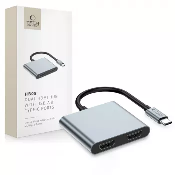 TECH-PROTECT HB08 hub adaptér 4-in-1 USB-C + USB 2.0 + 2x HDMI 4K 60Hz Space Grey