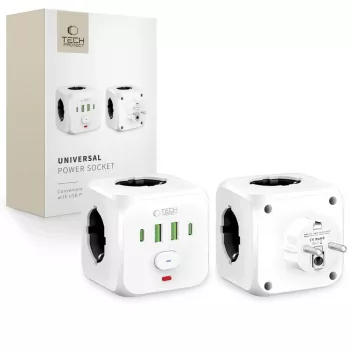 TECH-PROTECT PCL3X4 predlžovacia zásuvka 3 zásuvky Schuko 2 USB-A 2 USB-C 2m biela