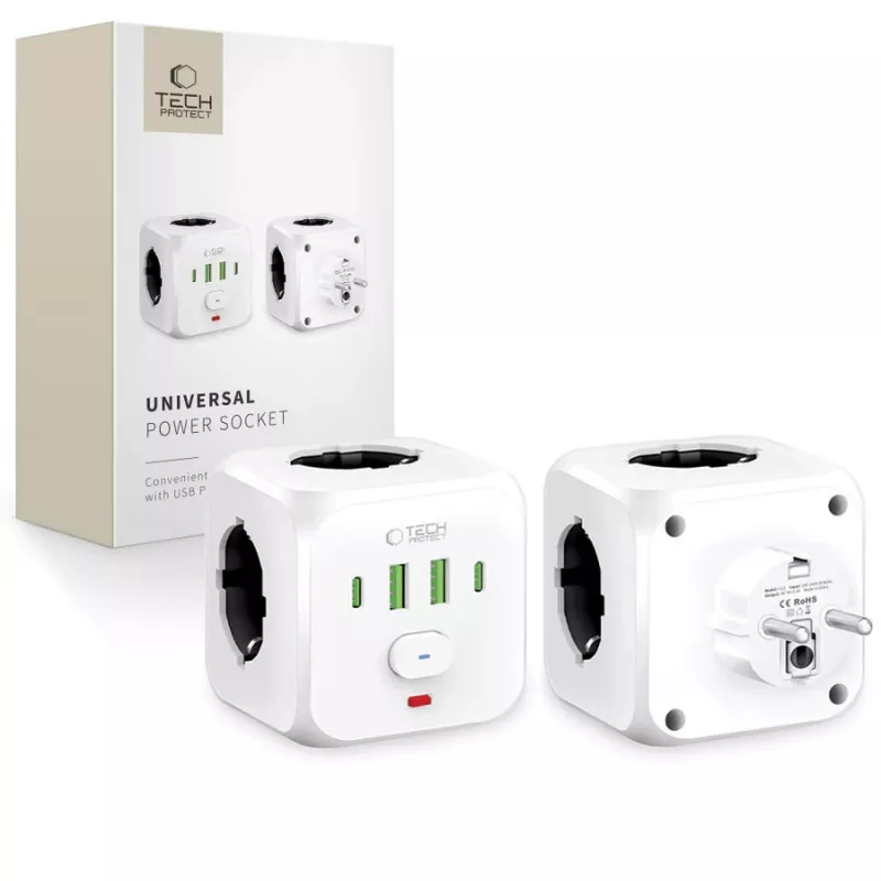 TECH-PROTECT PCL3X4 predlžovacia zásuvka 3 zásuvky Schuko 2 USB-A 2 USB-C 2m biela