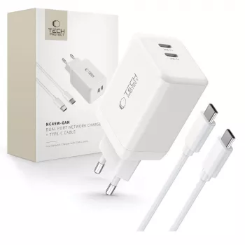 TECH-PROTECT NC45W-GAN 2-portová sieťová nabíjačka PD 45W + USB-C kábel biela