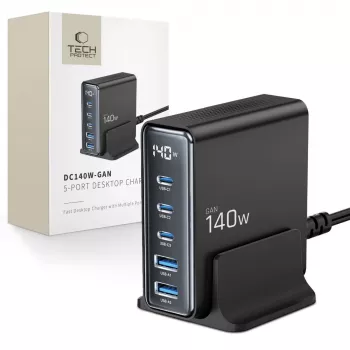 TECH-PROTECT DC140W-GAN 5-portová stolová nabíjačka PD 140W / QC3.0 čierna