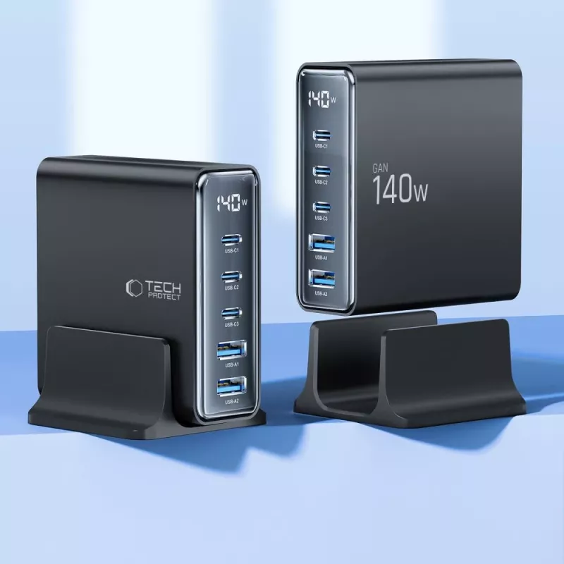 TECH-PROTECT DC140W-GAN 5-portová stolová nabíjačka PD 140W / QC3.0 čierna