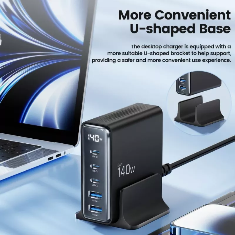 TECH-PROTECT DC140W-GAN 5-portová stolová nabíjačka PD 140W / QC3.0 čierna
