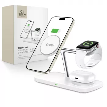 TECH-PROTECT QI15W-A45 3-in-1 magnetická MagSafe bezdrôtová nabíjačka biela
