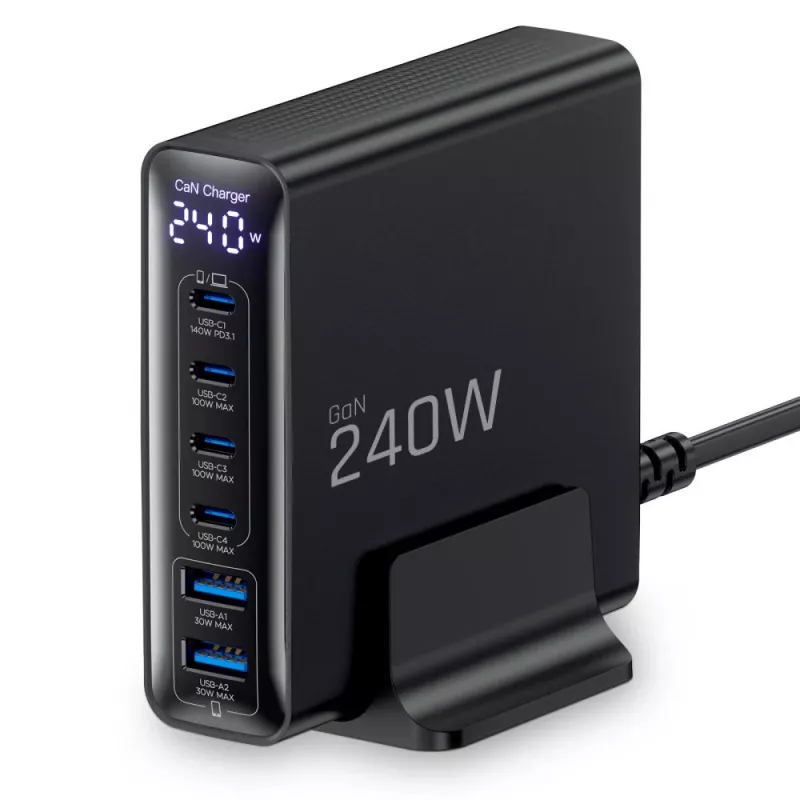 TECH-PROTECT DC240W-GAN 6-portová stolná nabíjačka PD 240W / QC3.0 čierna