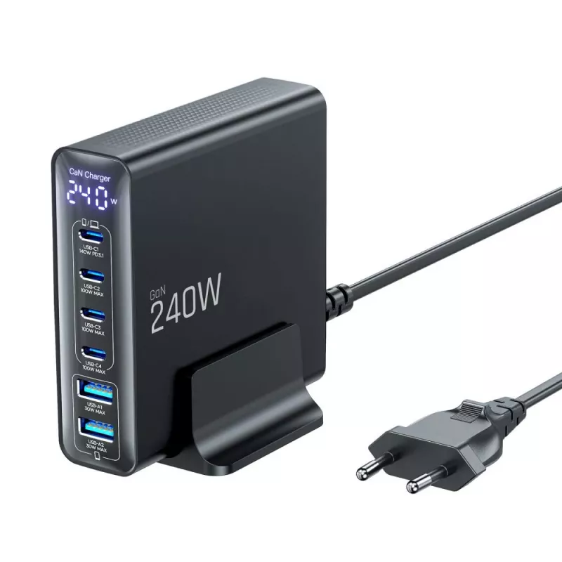 TECH-PROTECT DC240W-GAN 6-portová stolná nabíjačka PD 240W / QC3.0 čierna